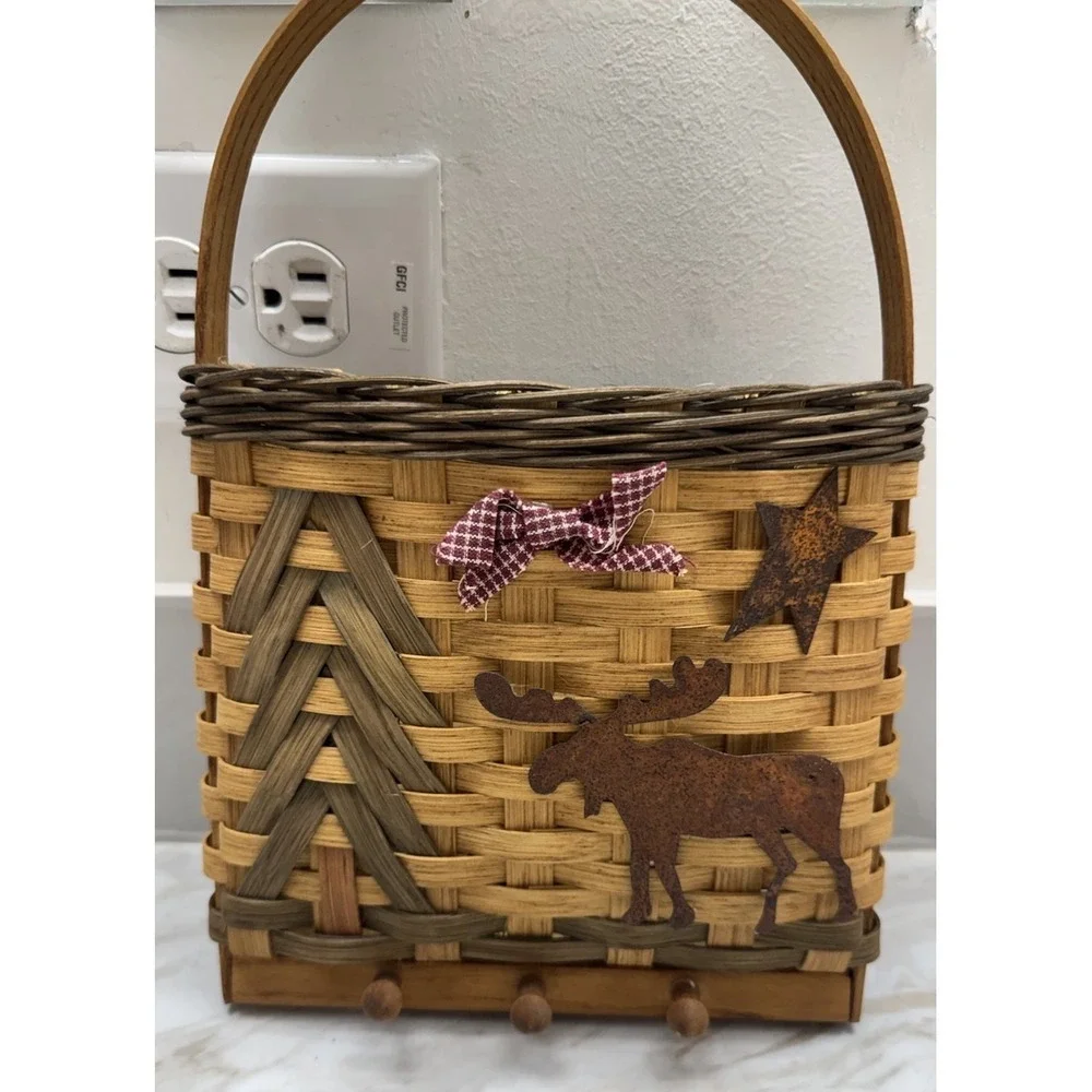 Woven Basket Wall Pocket Mail Holder With Key Hooks Cottagecore Grandmacore